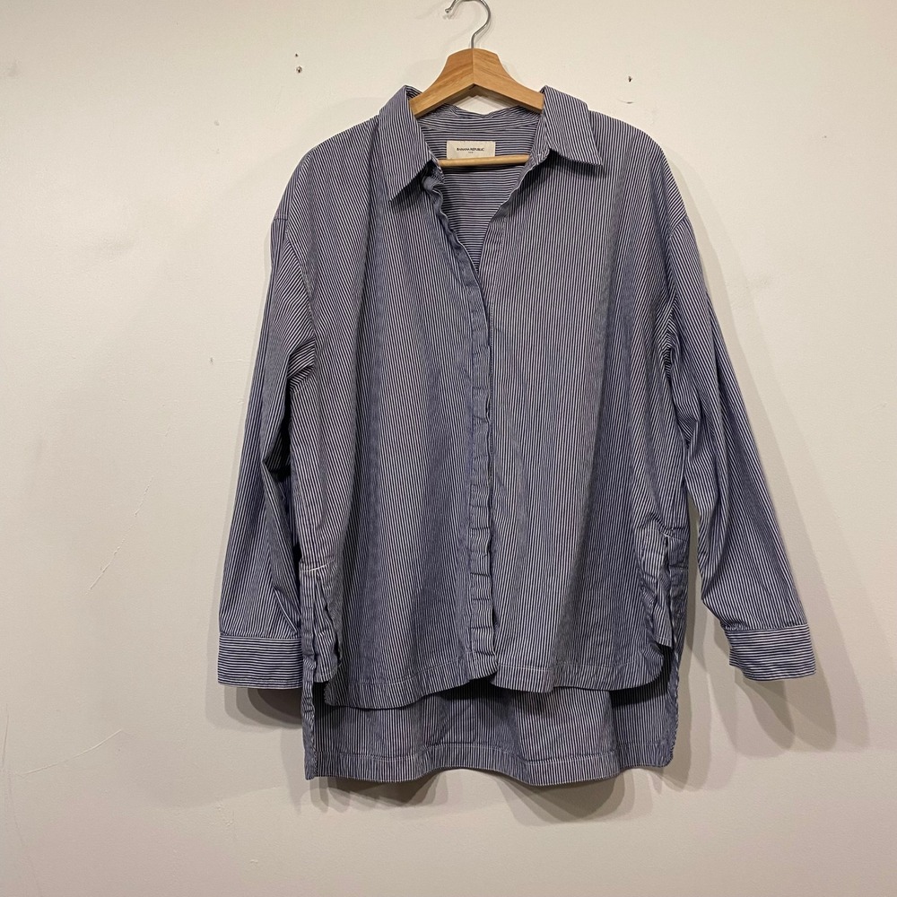 Banana Republic Womens XL Blue Pinstripe Oversized Button Down Shirt High Low